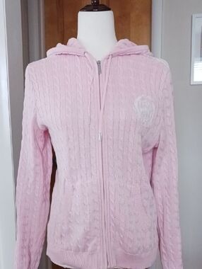 Lauren Ralph Lauren Cardigan Hood Long Sleeve Cable Knit Striped Pink M